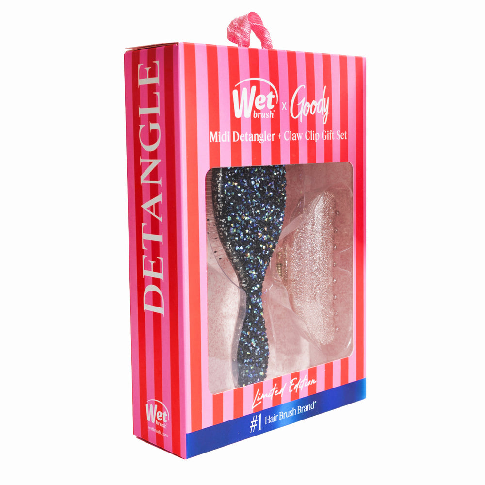 Wet Brush Pink Tie Affair Midi Detangler & Goody Claw Clip Gift Set- Black & Sparkly Pink