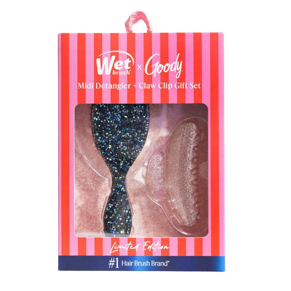 Wet Brush Pink Tie Affair Midi Detangler & Goody Claw Clip Gift Set- Black & Sparkly Pink