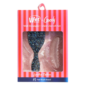 Wet Brush Pink Tie Affair Midi Detangler & Goody Claw Clip Gift Set- Black & Sparkly Pink